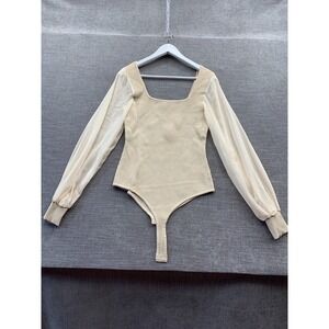 Dreamers By Debut Bodysuit Womens XL Beige Ribbed Knit Casual Square Neck Modern